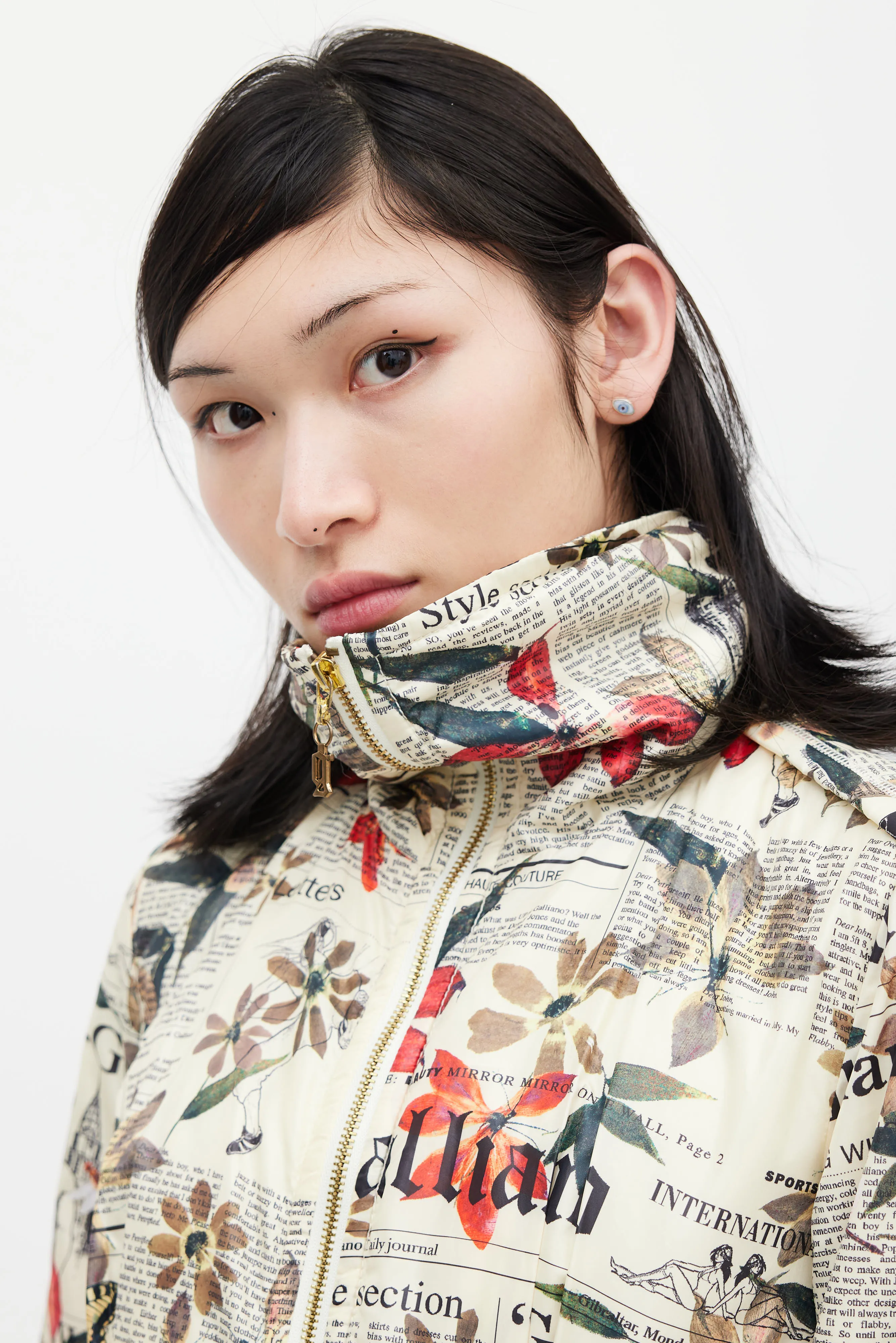 Cream & Multicolour Floral Newsprint Bomber Jacket