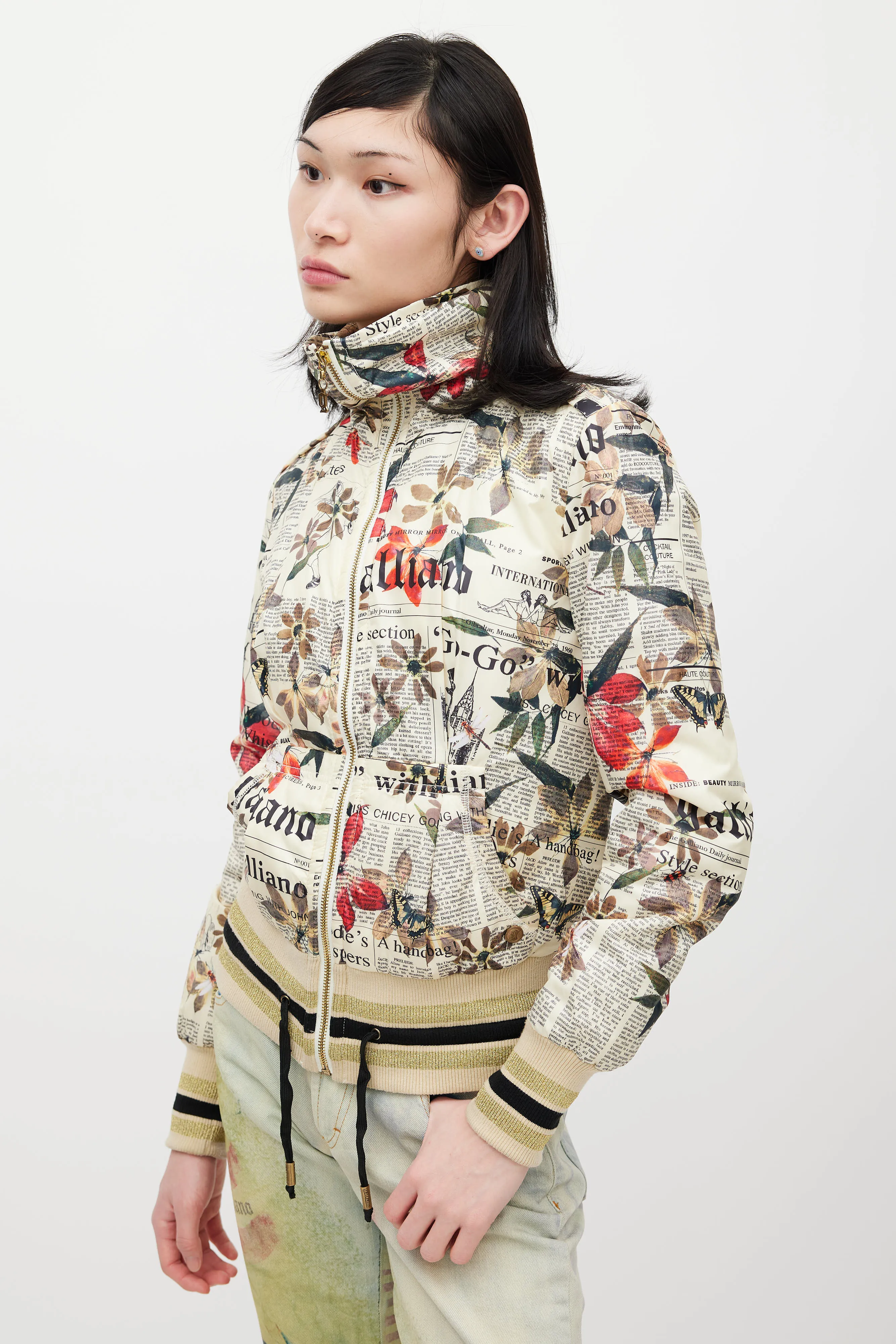 Cream & Multicolour Floral Newsprint Bomber Jacket