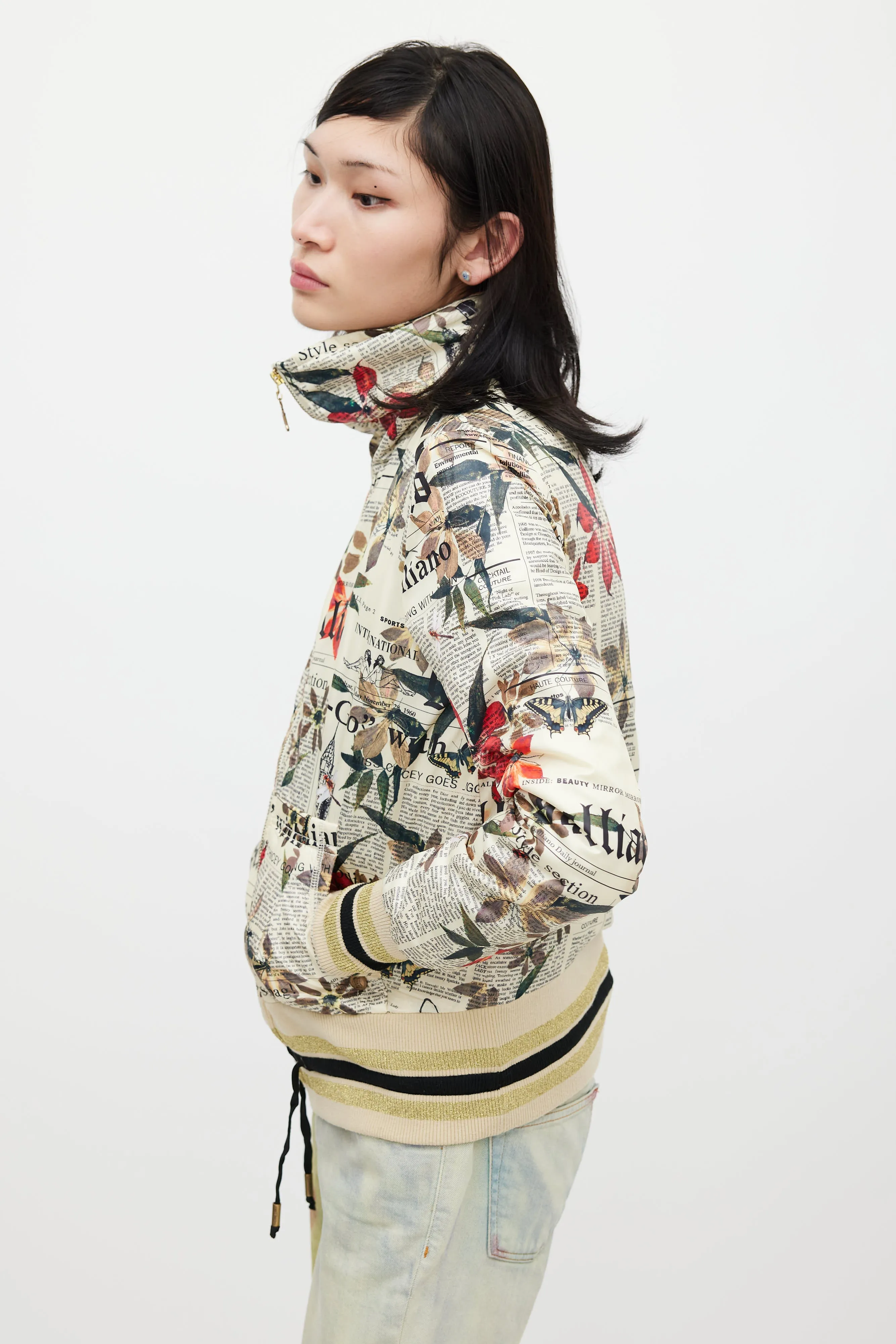 Cream & Multicolour Floral Newsprint Bomber Jacket