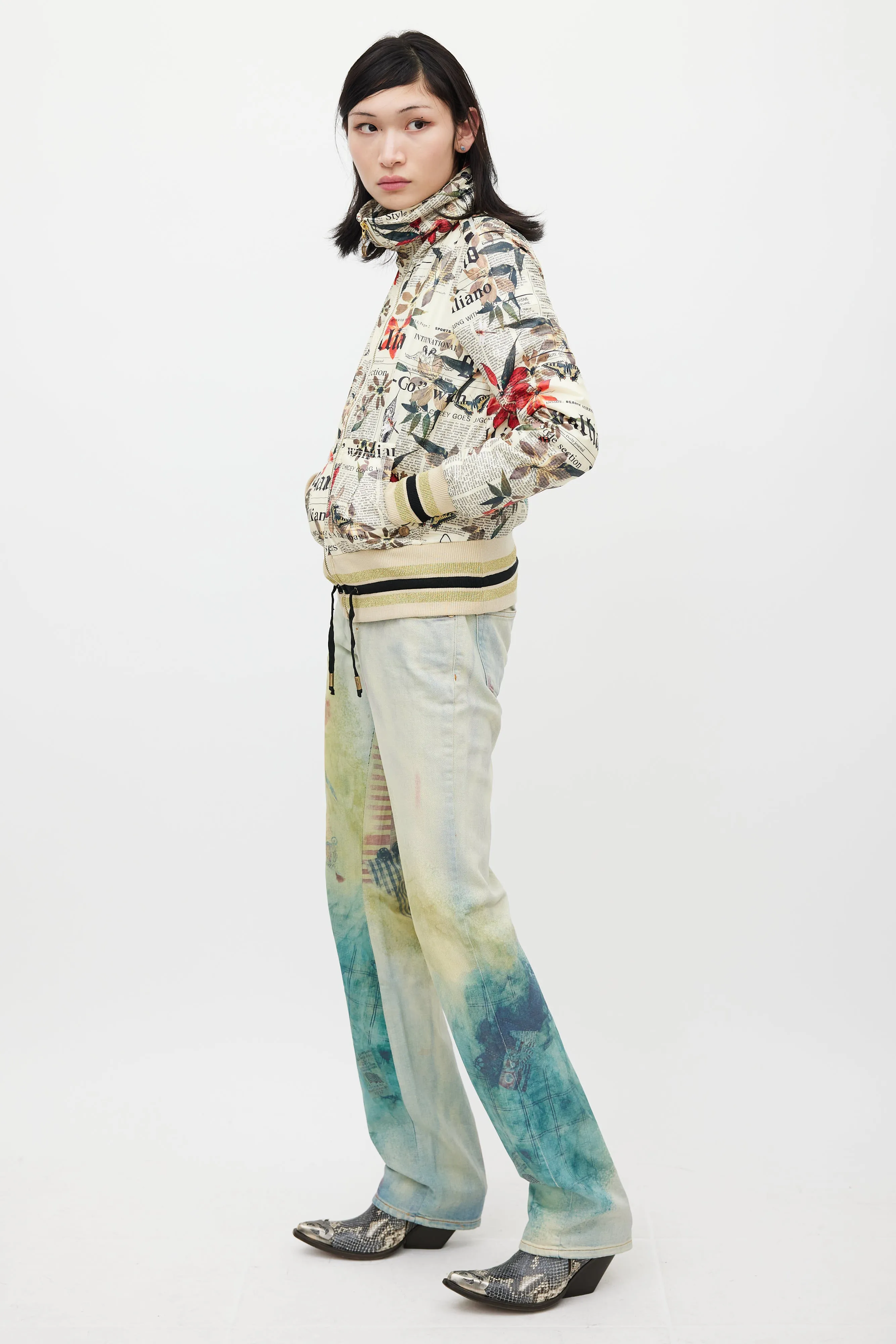 Cream & Multicolour Floral Newsprint Bomber Jacket