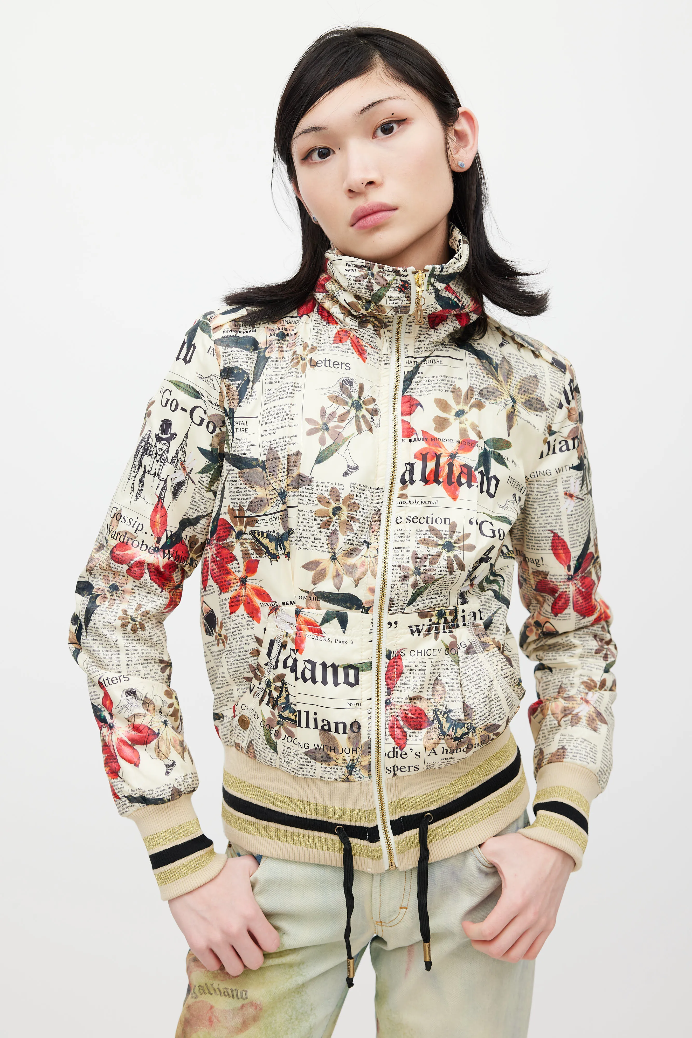 Cream & Multicolour Floral Newsprint Bomber Jacket