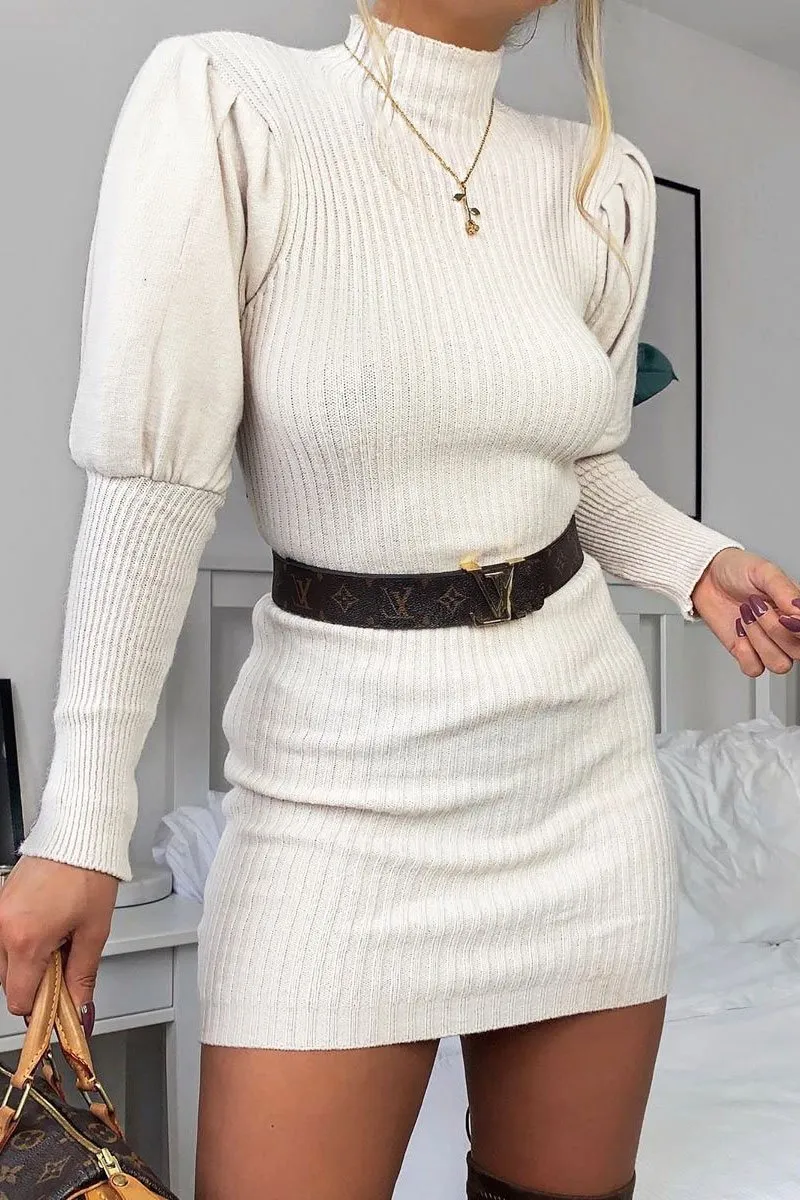 Cream High Neck Balloon Sleeve Knitted Dress - Ginna