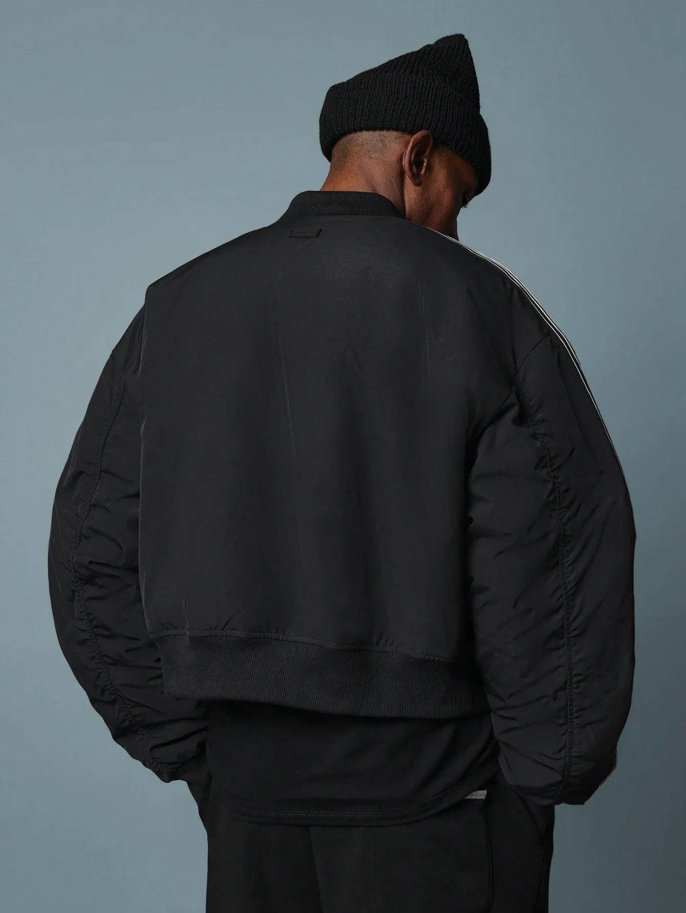 Crop Fit Nylon Bomber Jacket With Side Tape