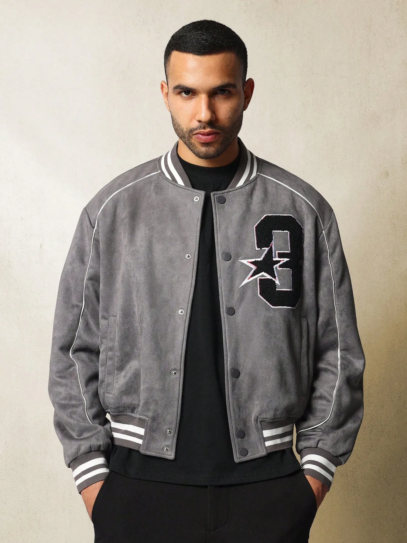 Crop Fit Suedette Varsity Bomber Jacket With Applique Badge