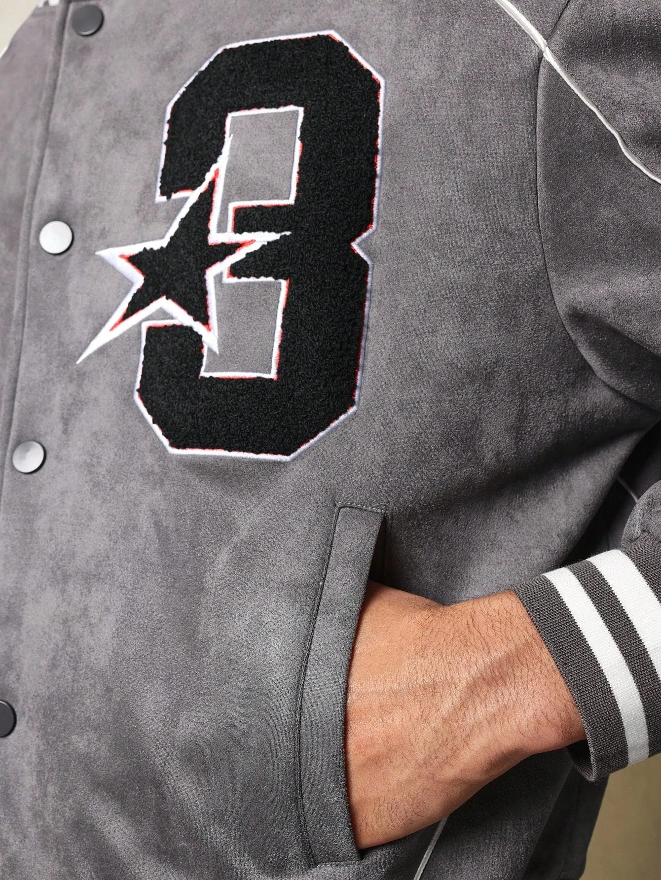 Crop Fit Suedette Varsity Bomber Jacket With Applique Badge