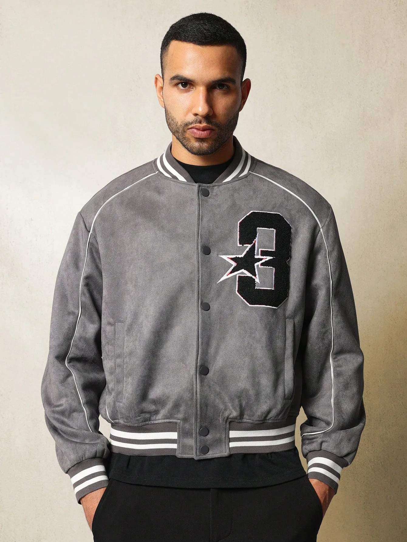 Crop Fit Suedette Varsity Bomber Jacket With Applique Badge