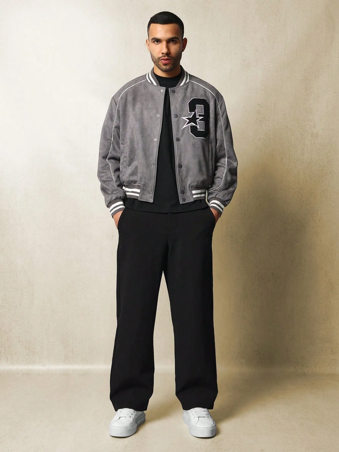 Crop Fit Suedette Varsity Bomber Jacket With Applique Badge