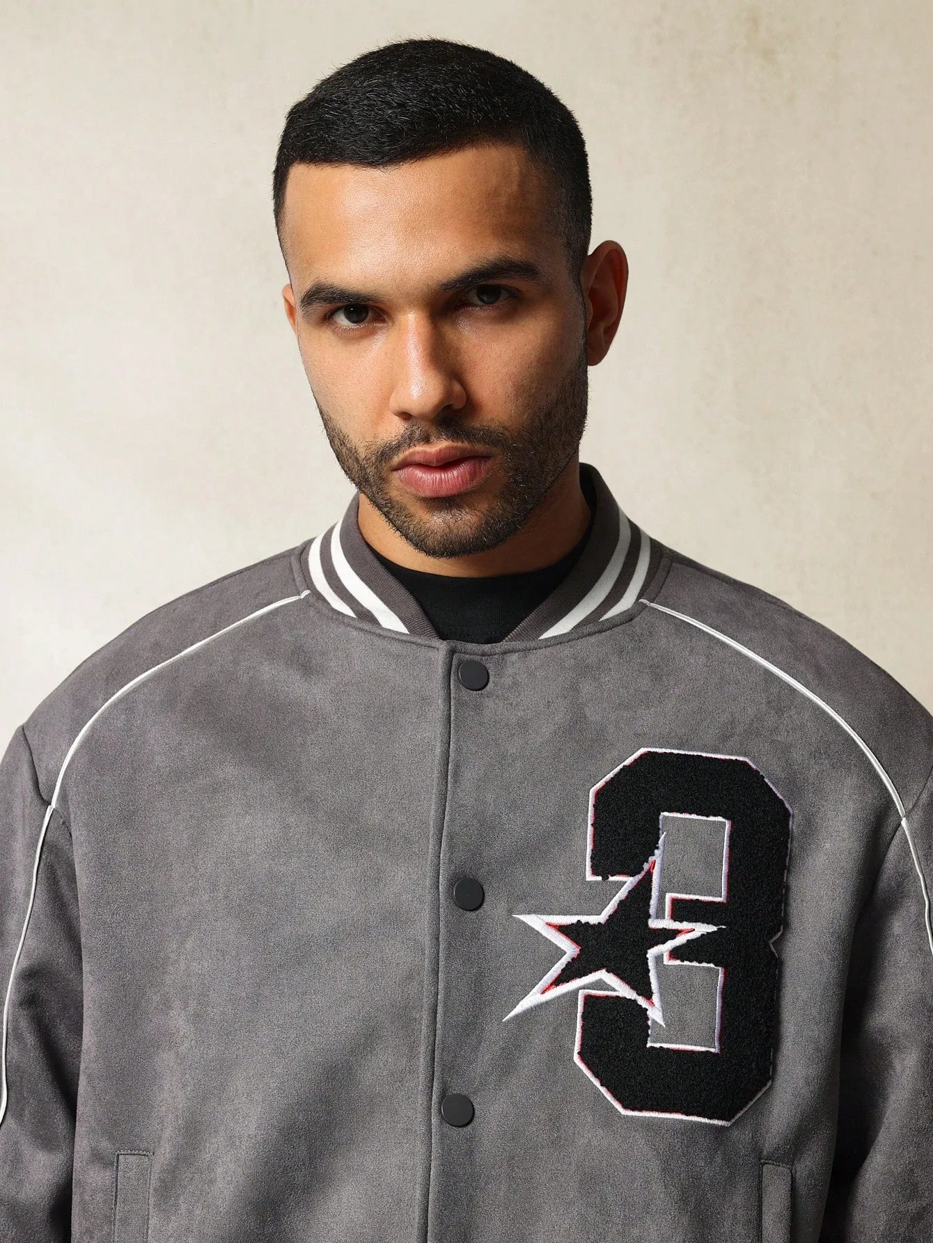 Crop Fit Suedette Varsity Bomber Jacket With Applique Badge