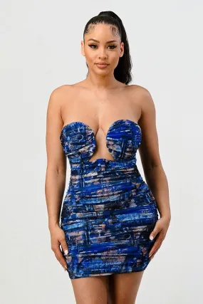 Cut-Out Deep Ocean Print Mini Bodycon Dress