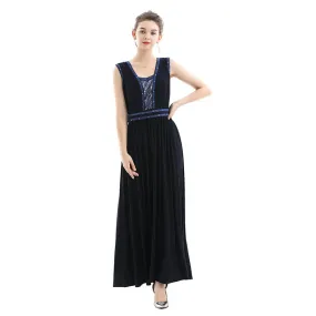 D071 Women solid knit sleeveless embroidered and sequin embellished maxi evening dress