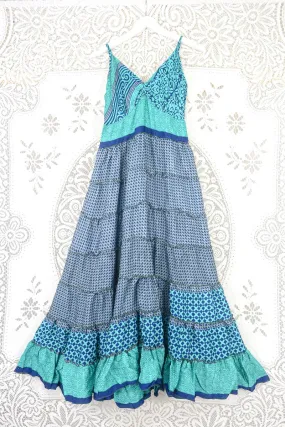 Delilah Maxi Dress - Spectral Grey & Turquoise Illusion - Vintage Sari - Free Size M/L