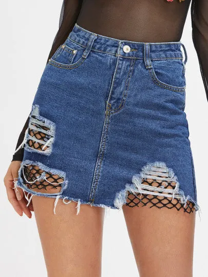 Distressed fishnet distressed cutout mini denim skirt