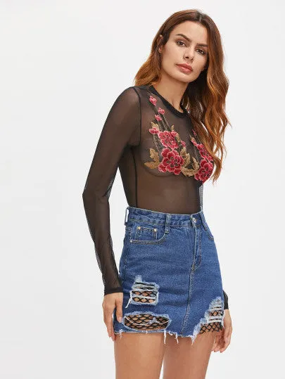 Distressed fishnet distressed cutout mini denim skirt