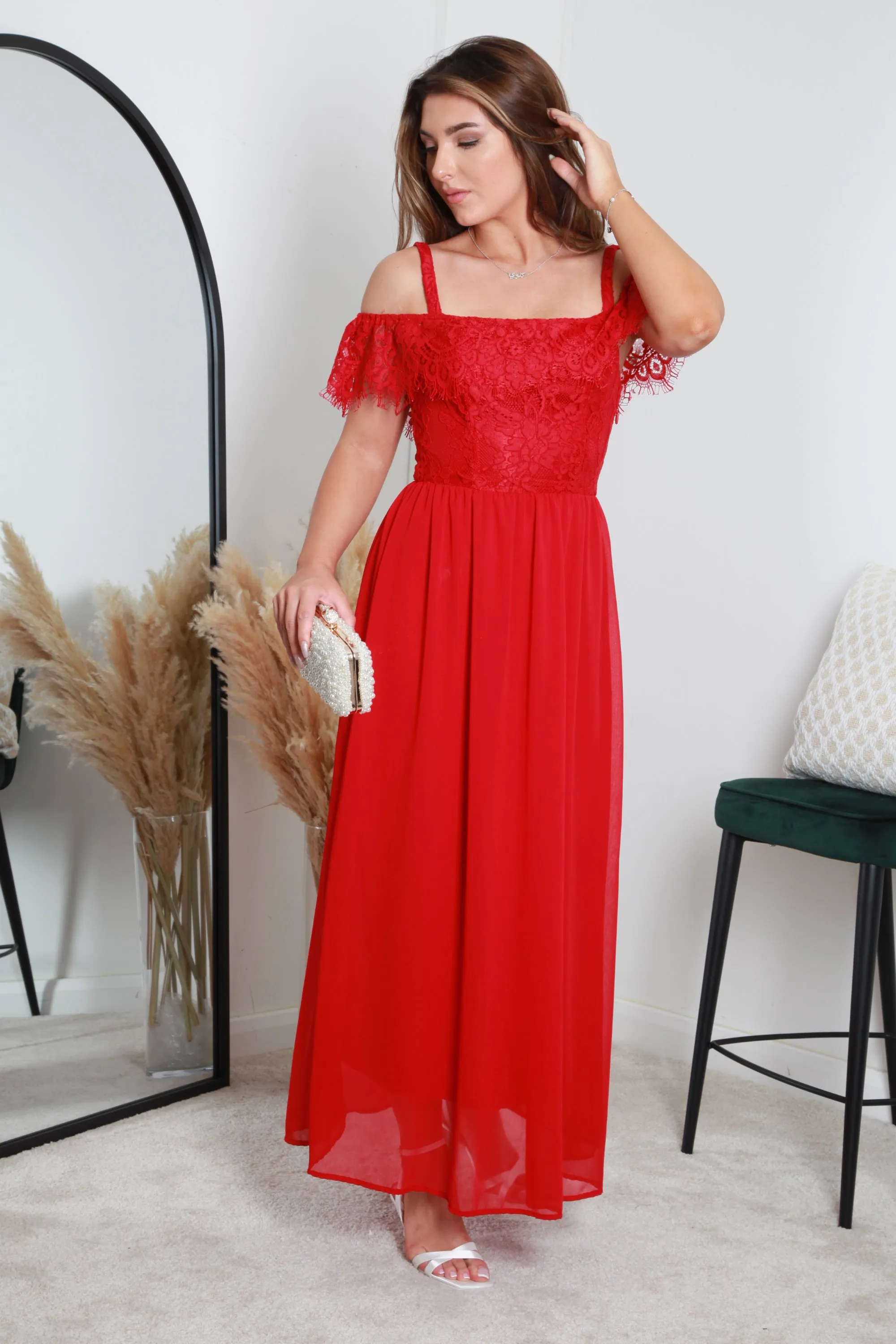 Double Second Red Scallop Edge Off Shoulder Dress