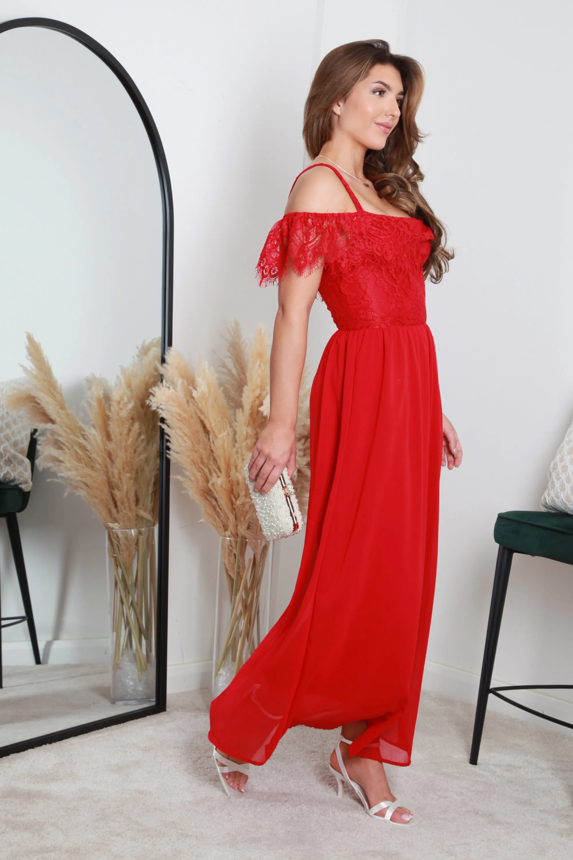 Double Second Red Scallop Edge Off Shoulder Dress