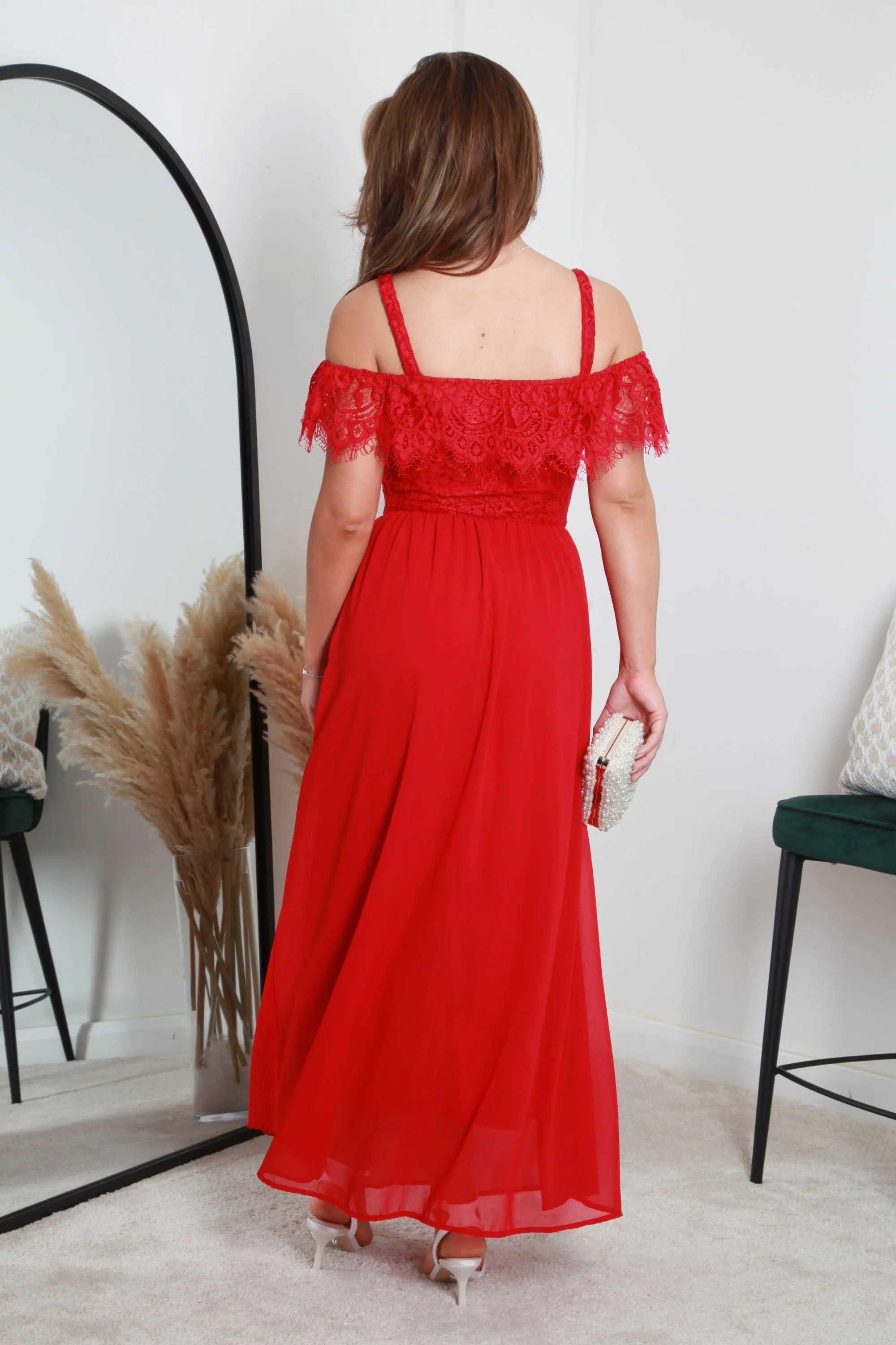 Double Second Red Scallop Edge Off Shoulder Dress