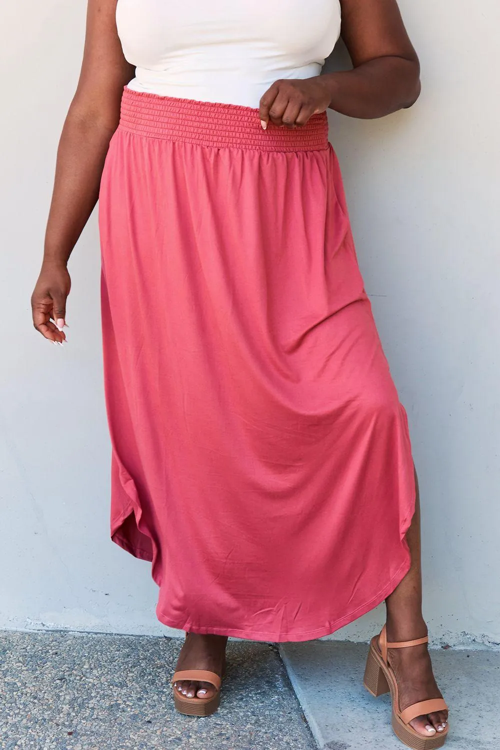 Doublju Comfort Princess Full Size High Waist Scoop Hem Maxi Skirt in Hot Pink