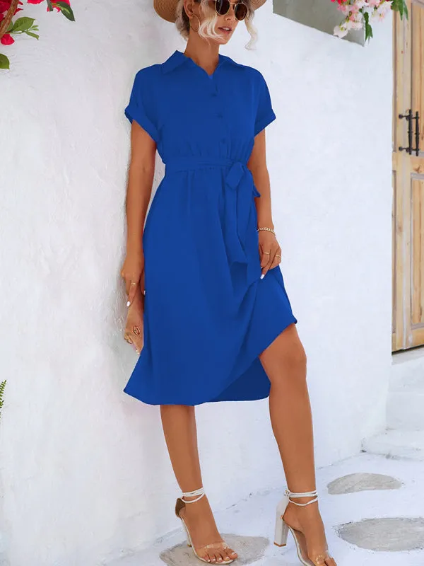 Elegant Casual Button Shirt Waist Tie Dress