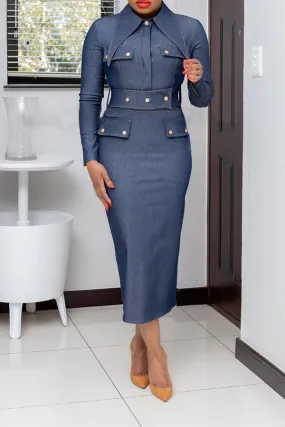 Elegant Solid Denim Fitted Midi Dress