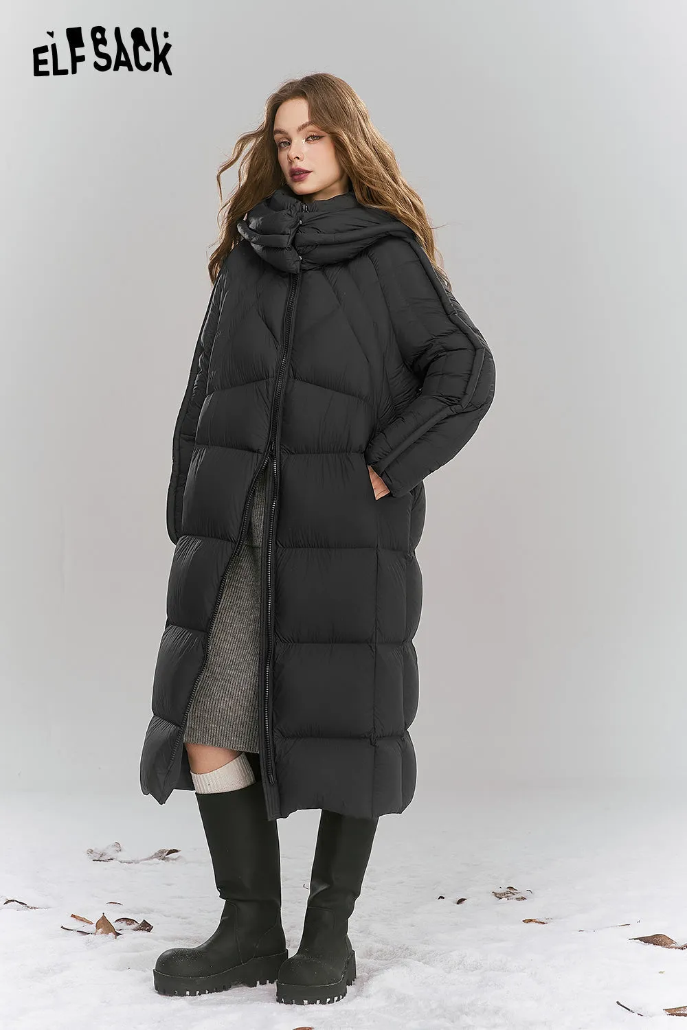 ELFSACK 2024 Winter New Arrivals Simple long hooded down jacket for women Zipper thick warm coat