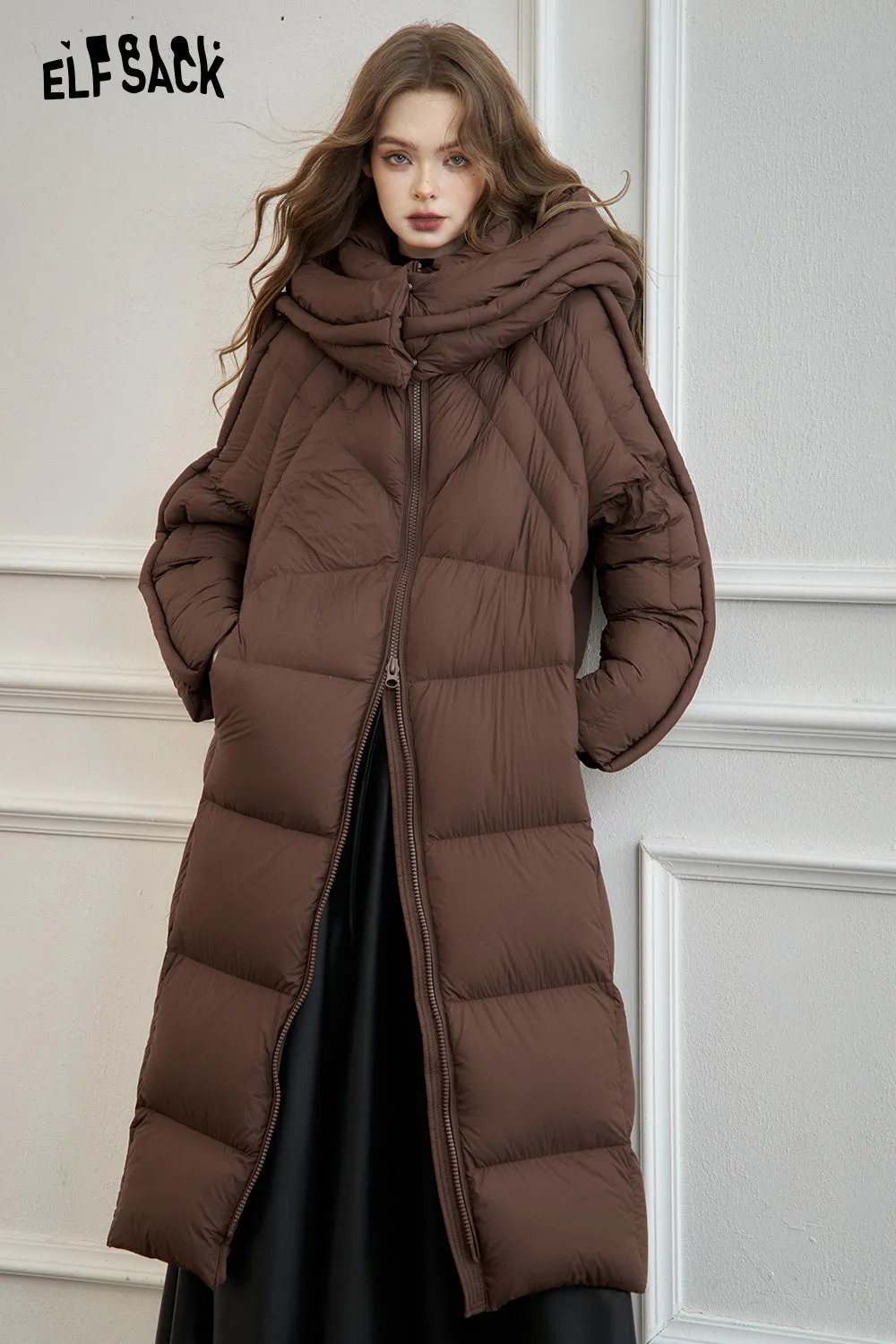 ELFSACK 2024 Winter New Arrivals Simple long hooded down jacket for women Zipper thick warm coat