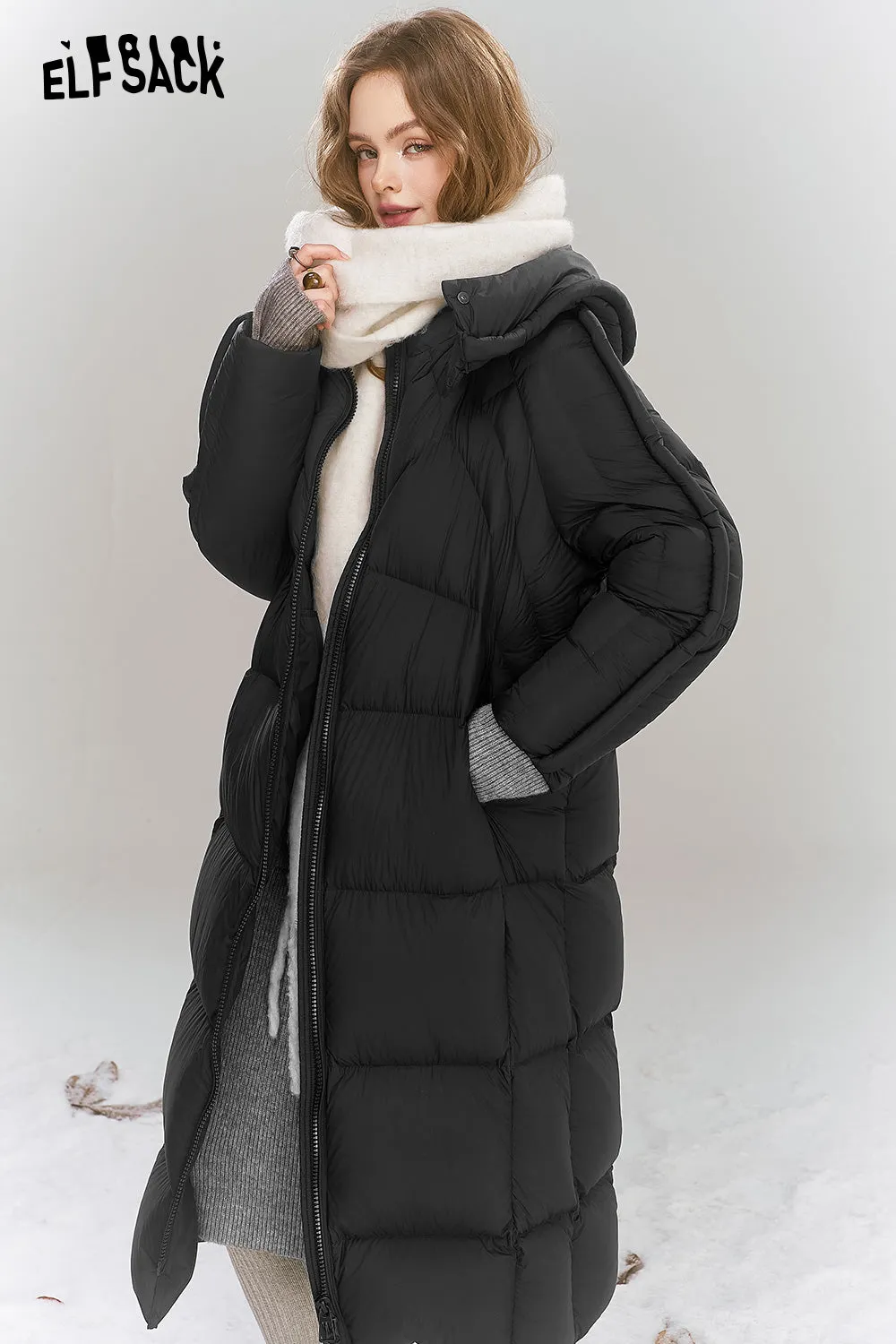 ELFSACK 2024 Winter New Arrivals Simple long hooded down jacket for women Zipper thick warm coat