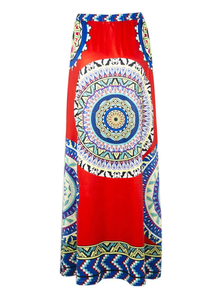 Ethnic Style Bohemian Women High Waist Geometric Printed Maxi Skirt