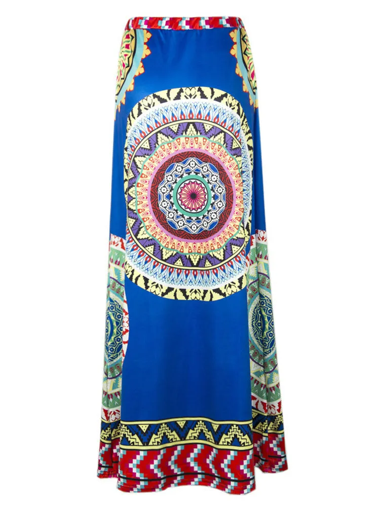 Ethnic Style Bohemian Women High Waist Geometric Printed Maxi Skirt