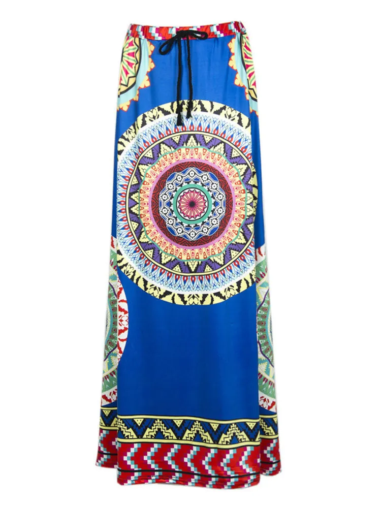 Ethnic Style Bohemian Women High Waist Geometric Printed Maxi Skirt