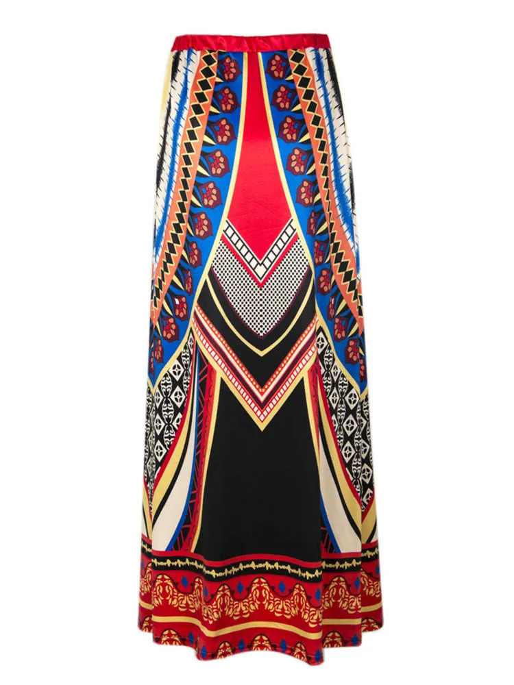 Ethnic Style Bohemian Women High Waist Geometric Printed Maxi Skirt