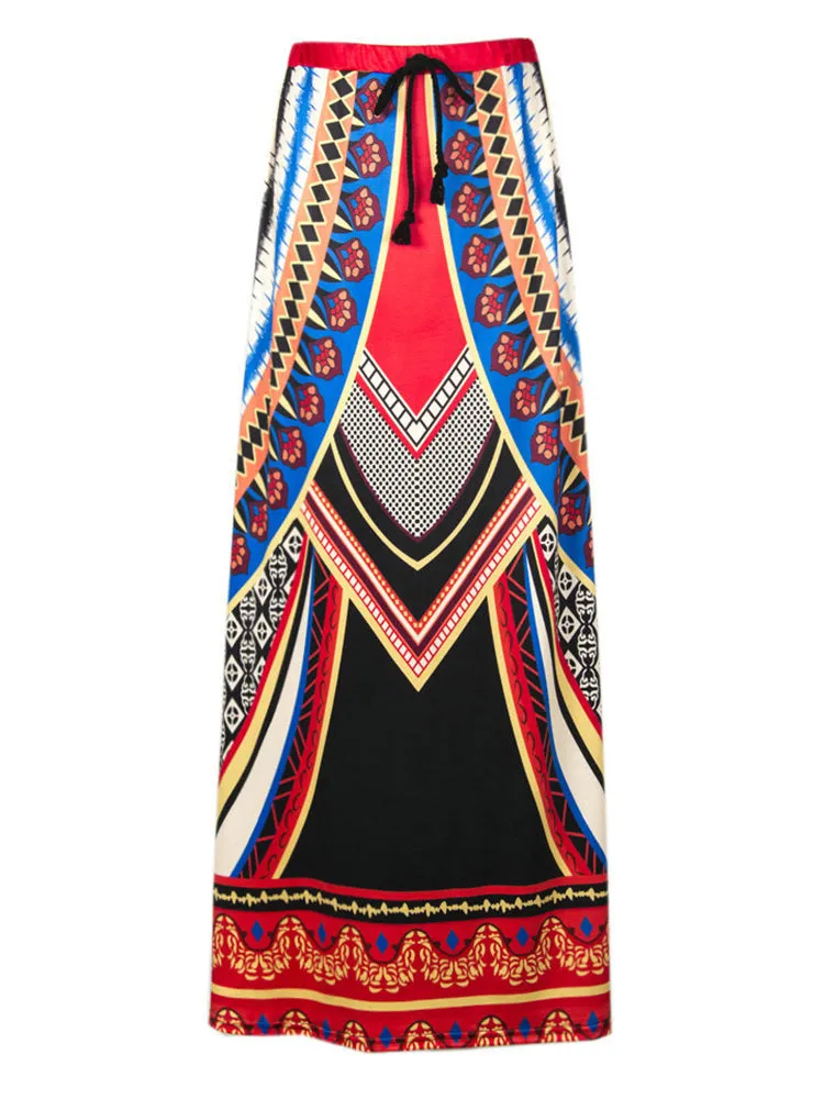 Ethnic Style Bohemian Women High Waist Geometric Printed Maxi Skirt