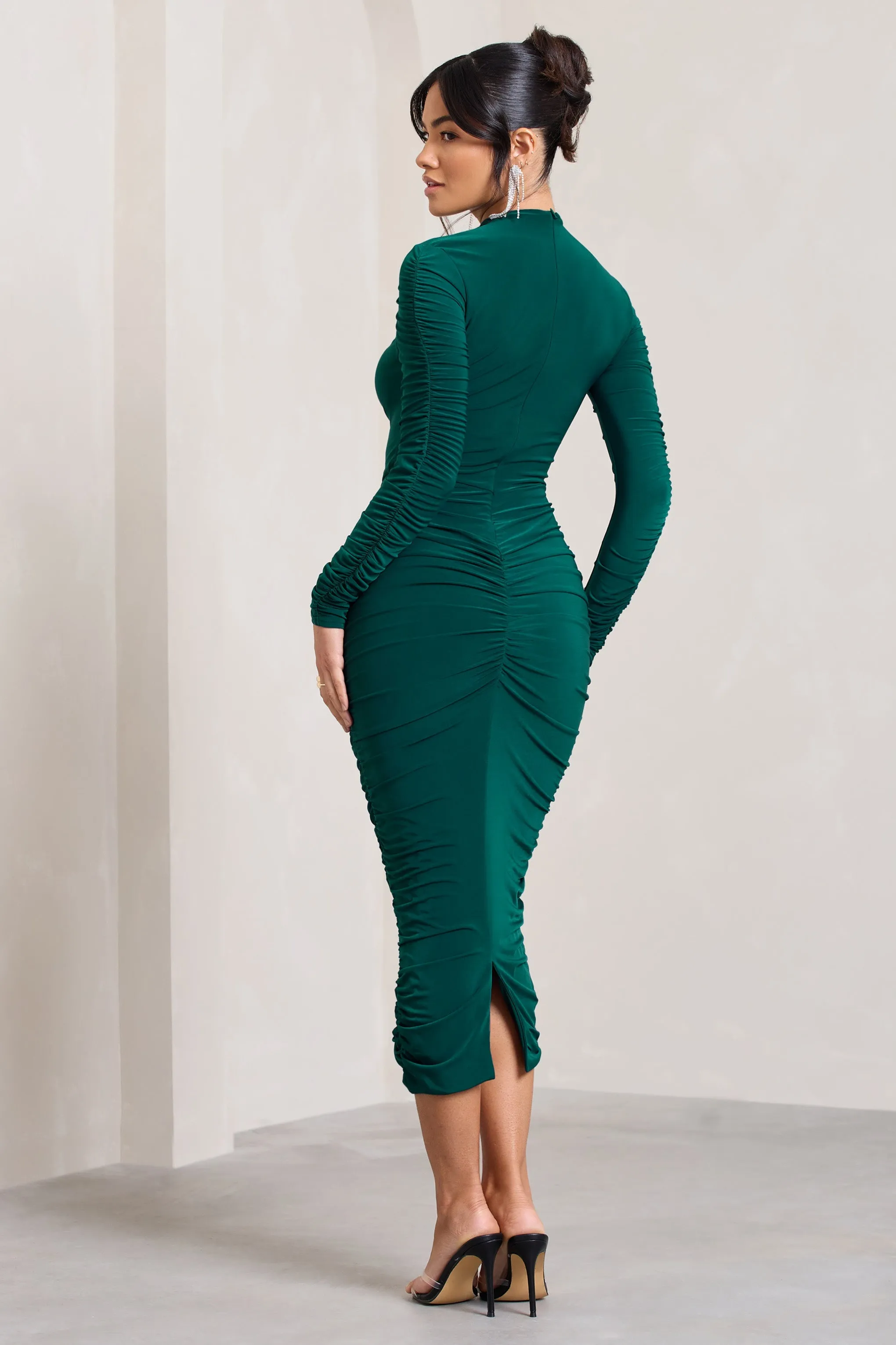 Eveline | Bottle Green Ruched High-Neck Long-Sleeved Bodycon Midi Dress