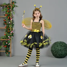 Fashionable little bee animal Halloween children's cosplay costume cute striped bow school stage performance girl princess dress