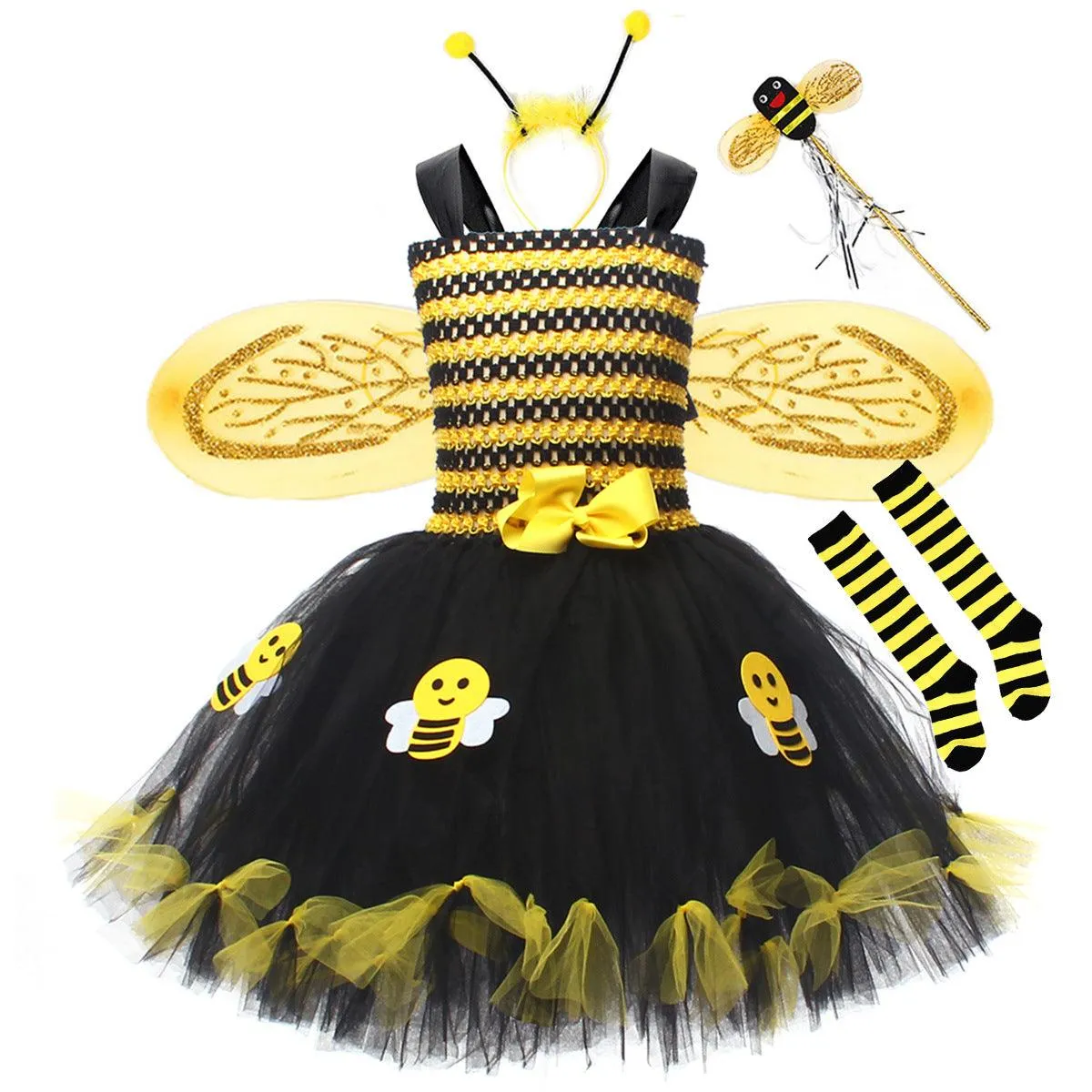 Fashionable little bee animal Halloween children's cosplay costume cute striped bow school stage performance girl princess dress