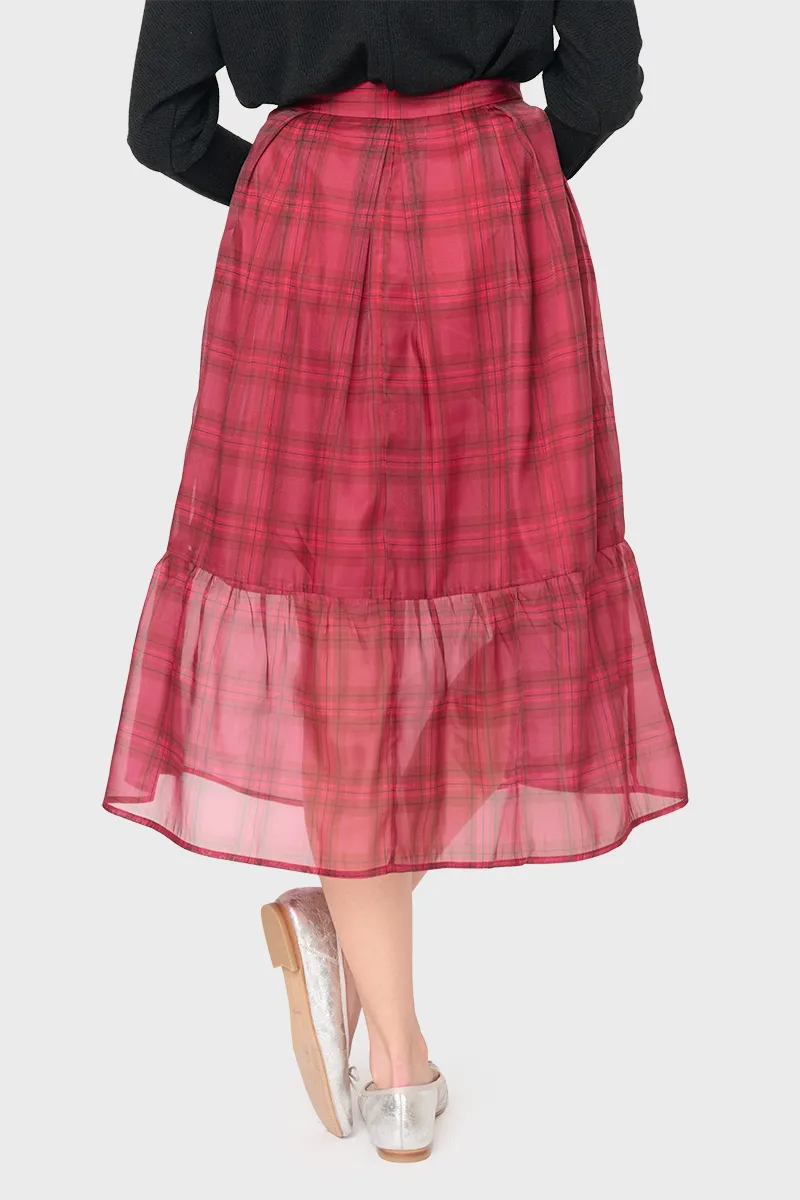 Festive Plaid Organza Tiered Maxi Skirt