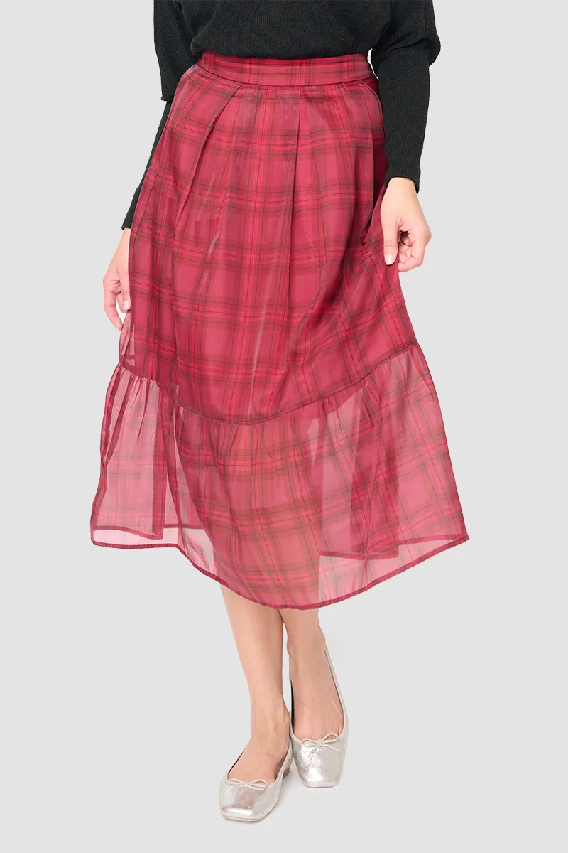 Festive Plaid Organza Tiered Maxi Skirt