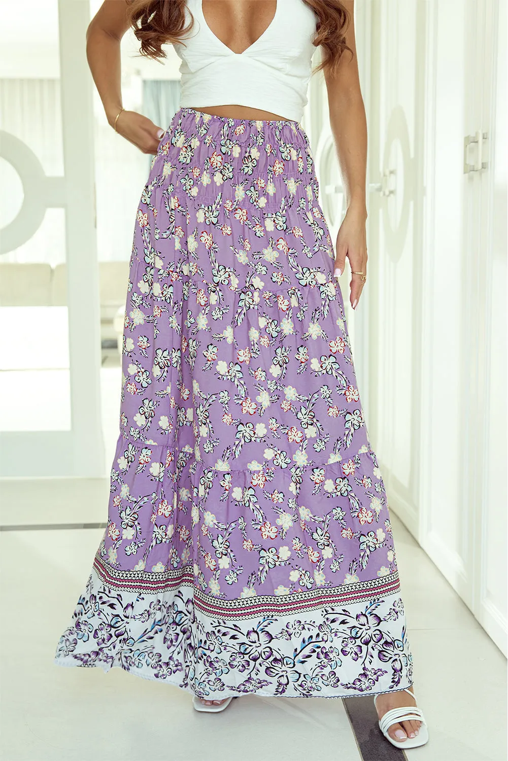 Floral Shirred Waist Maxi Skirt