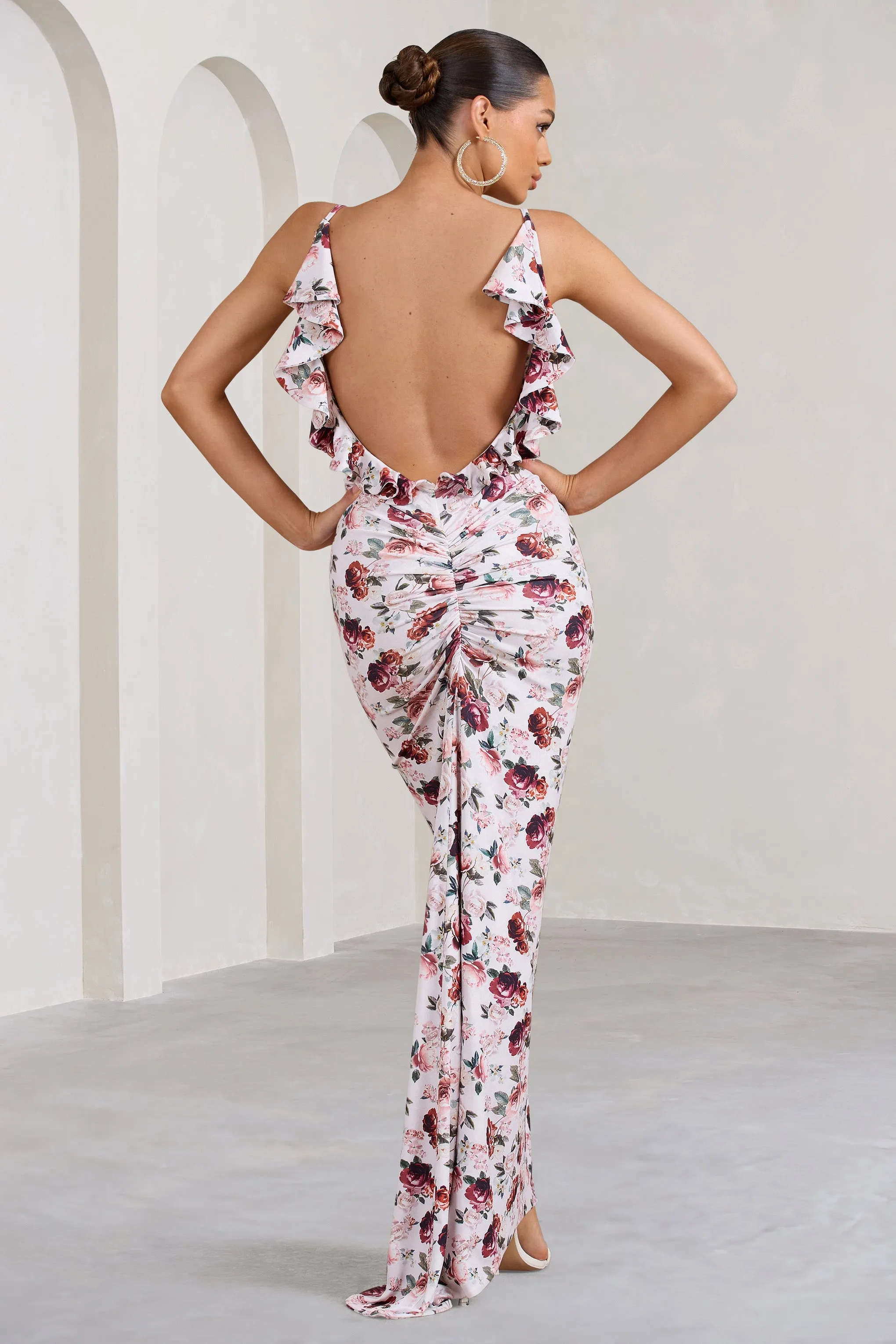 Flute | White Floral Bodycon Maxi Dress With Ruched Ruffled Back