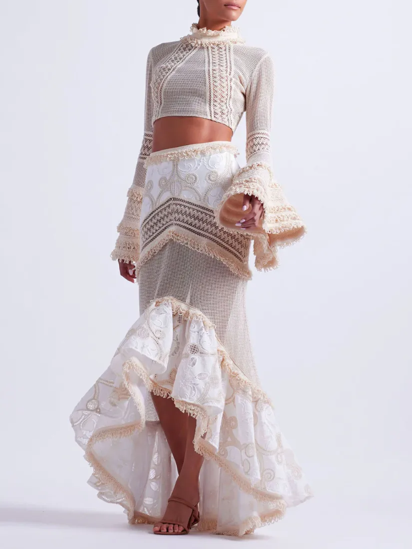 Fluted Lace Maxi Skirt Natural