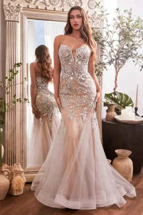 Forever Prom Dress Sequin Floral Print Mermaid Dress 740488TIR-SIlver/Nude LaDivine CDS488 CInderella Divine CDS488