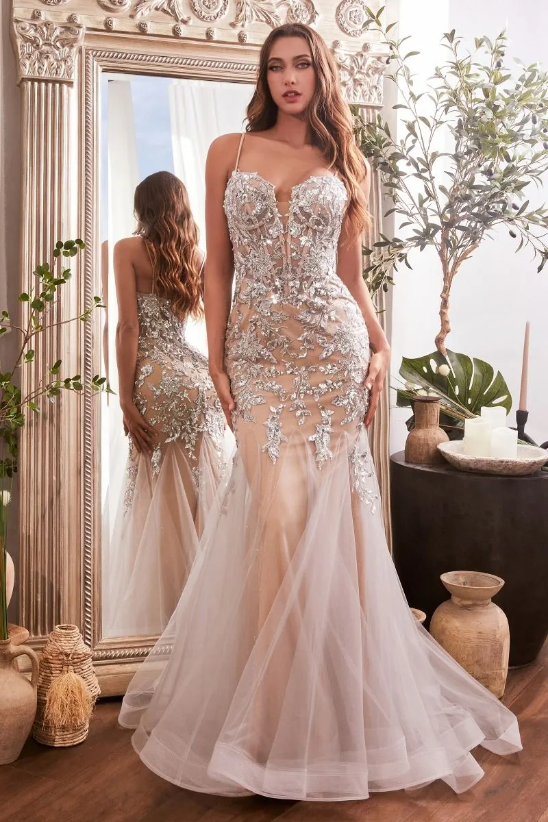 Forever Prom Dress Sequin Floral Print Mermaid Dress 740488TIR-SIlver/Nude LaDivine CDS488 CInderella Divine CDS488