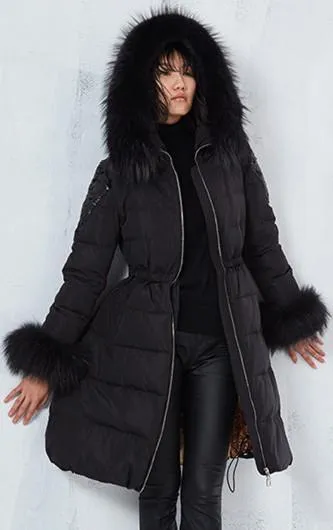 Fur-Trimmed Sequined Puffer Coat - Black or Green