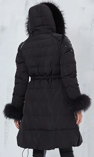 Fur-Trimmed Sequined Puffer Coat - Black or Green