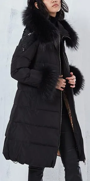 Fur-Trimmed Sequined Puffer Coat - Black or Green