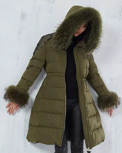 Fur-Trimmed Sequined Puffer Coat - Black or Green