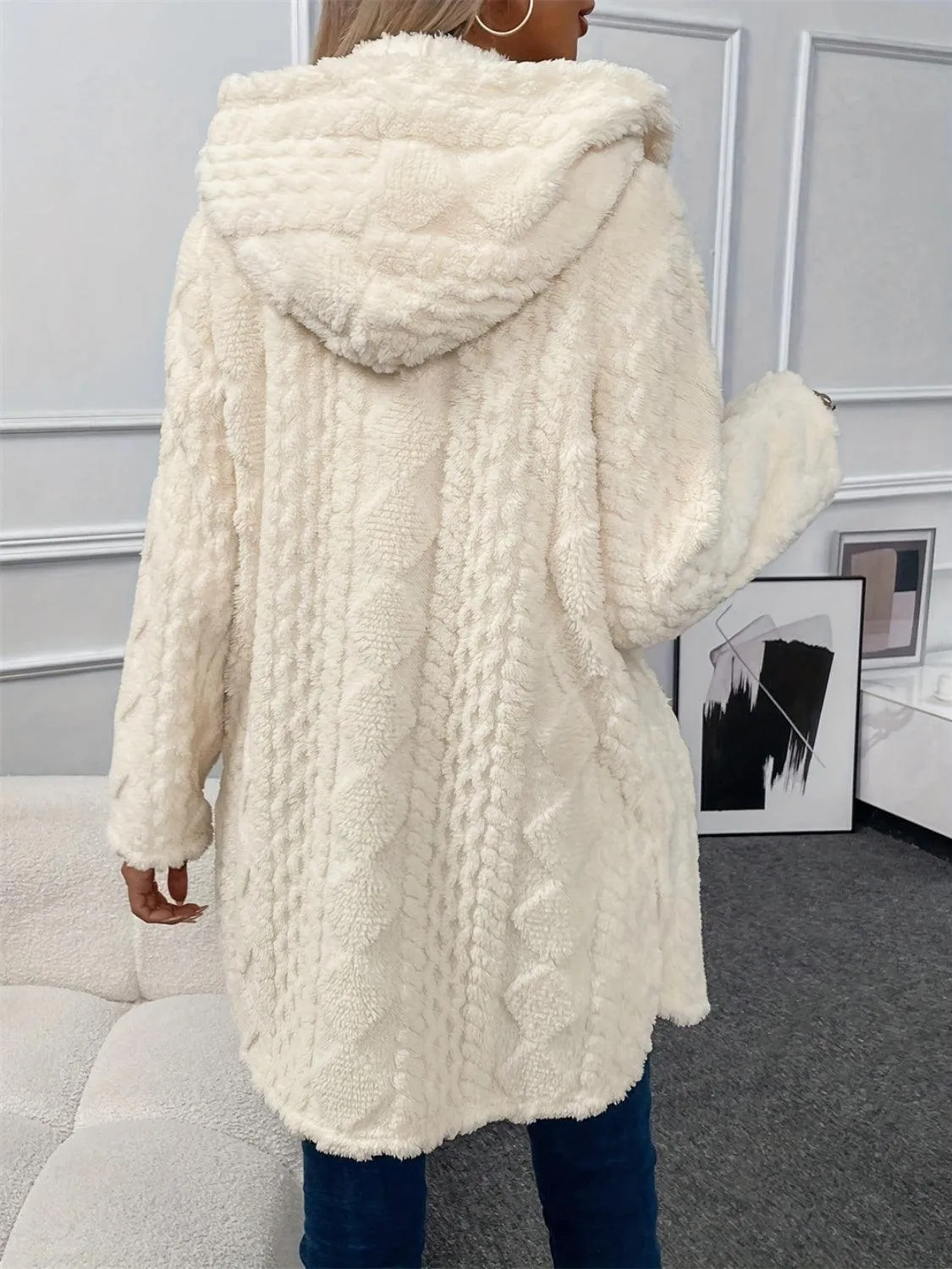 Fuzzy Hooded Coat Button Down Cable Knit Long Sleeve Outwear