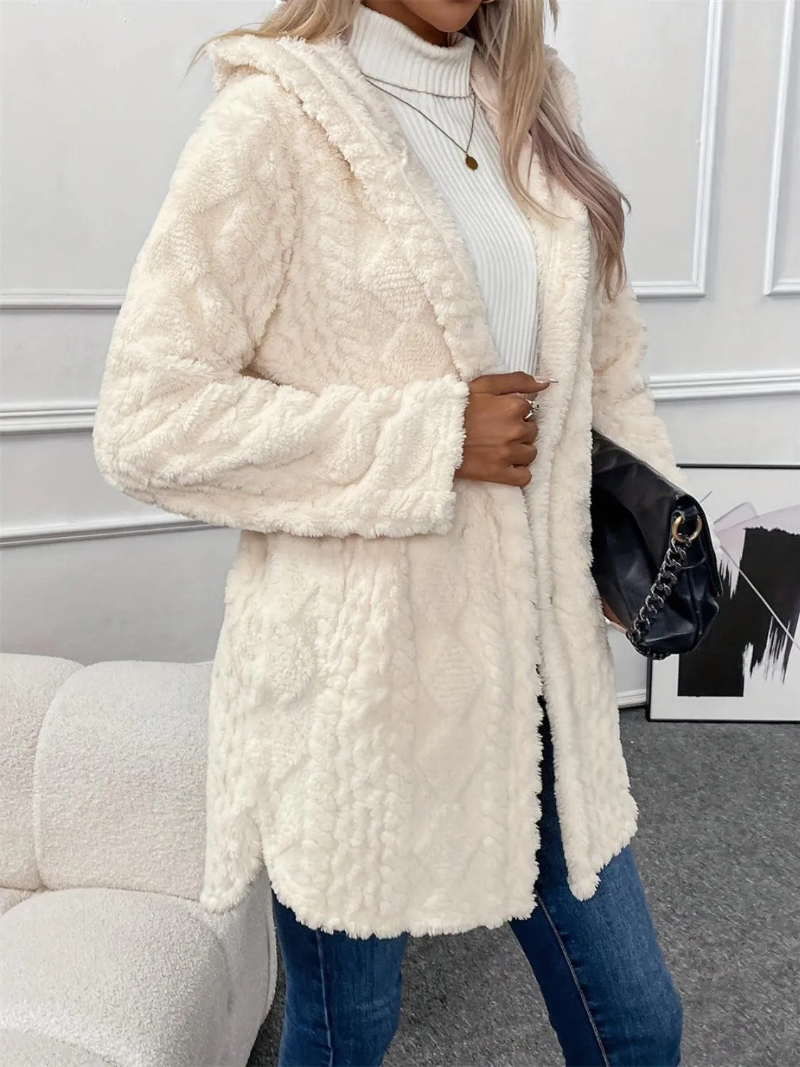 Fuzzy Hooded Coat Button Down Cable Knit Long Sleeve Outwear