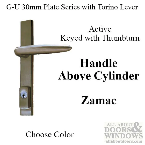 G-U Torino Handle and 30mm Plate Series, Zamac, Active, Key and Thumbturn (Handle Above Cylinder), Choose Color