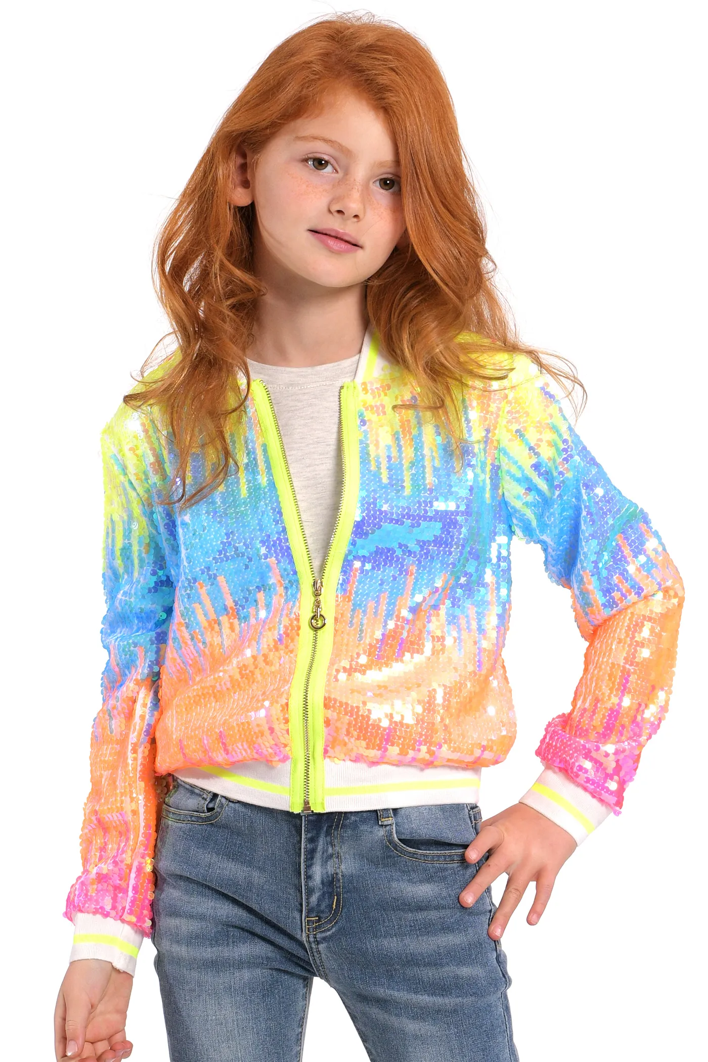 Girls Neon Color Sequin Fashion Bomber Jacket