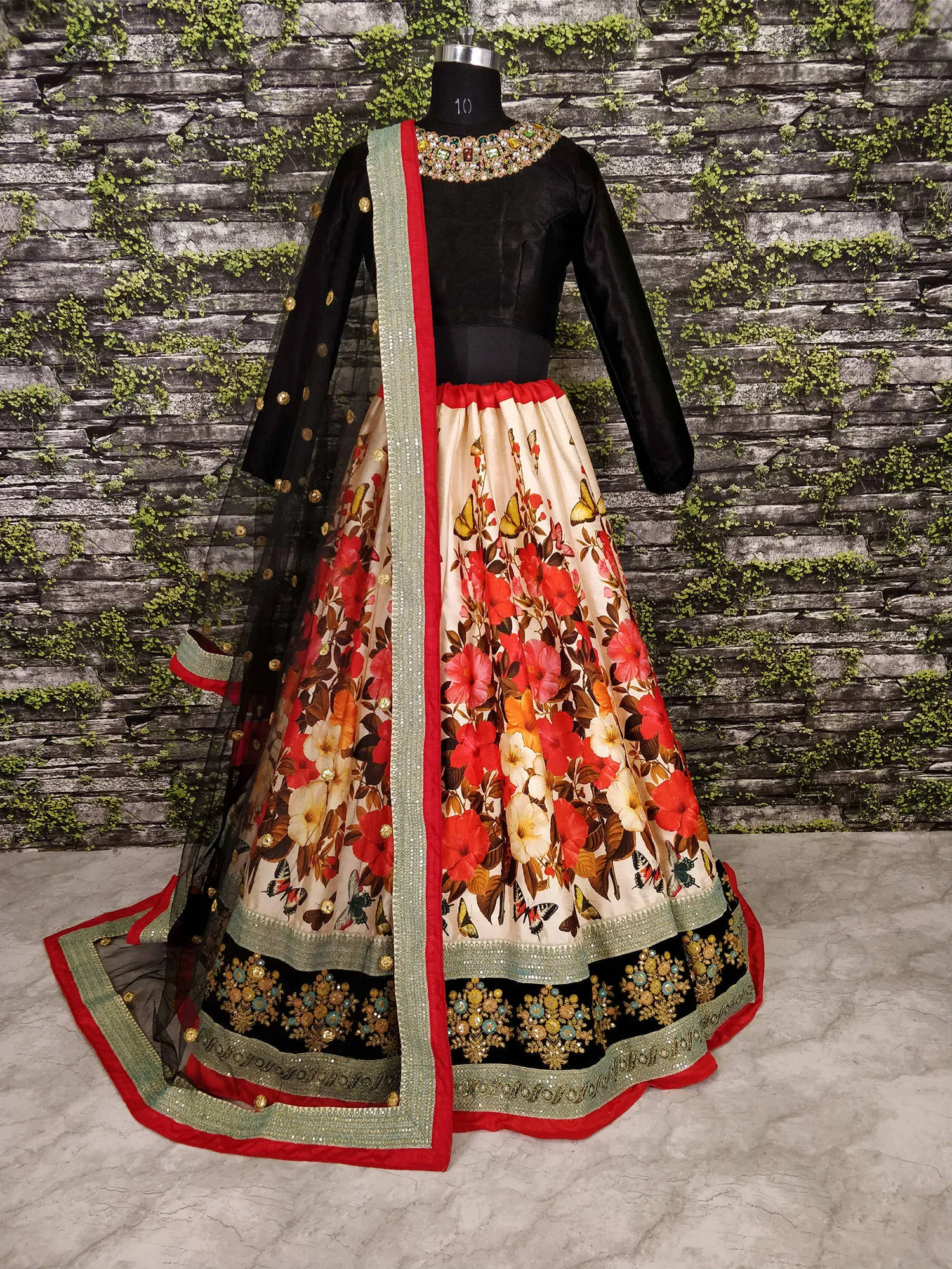 Gorgeous Colourful Floral Printed Lehenga with Black Choli